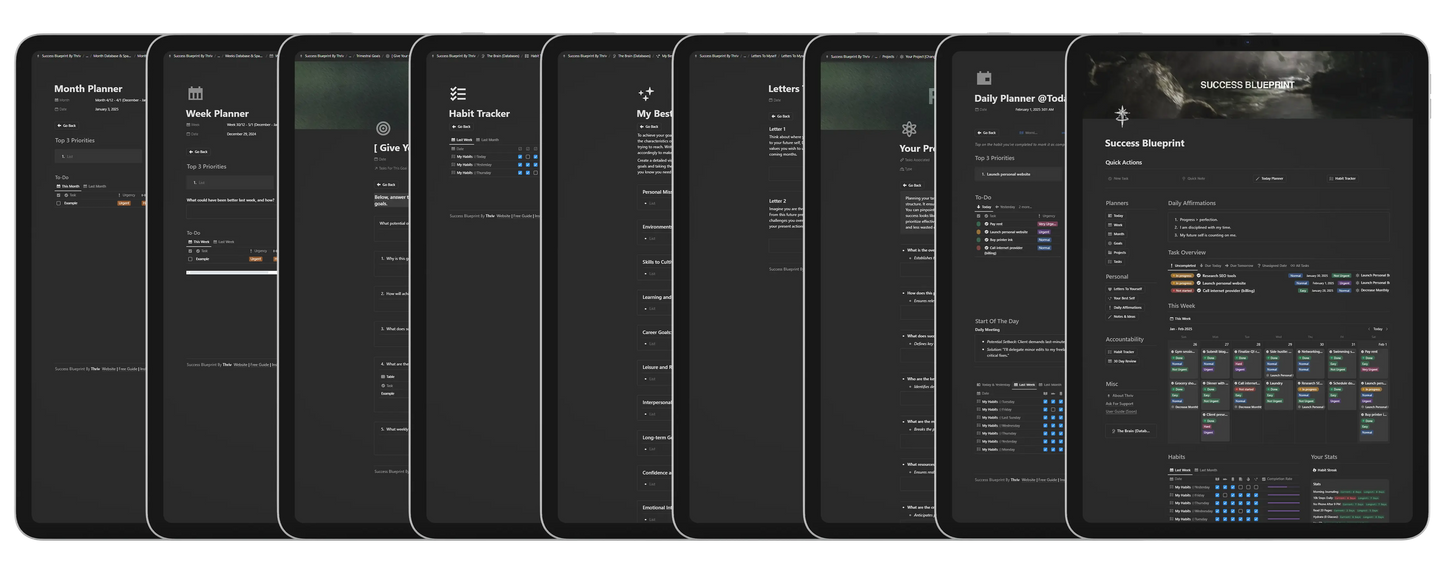 Success Blueprint Digital/Notion Edition All Pages, Dashboard, Daily Planner, 30-Day Review, Daily Affirmations, Habit Tracker, Weekly Planner, Month Planner, Letters to Yourself, My Best Self, Goals, and Projects. By usethriv.com