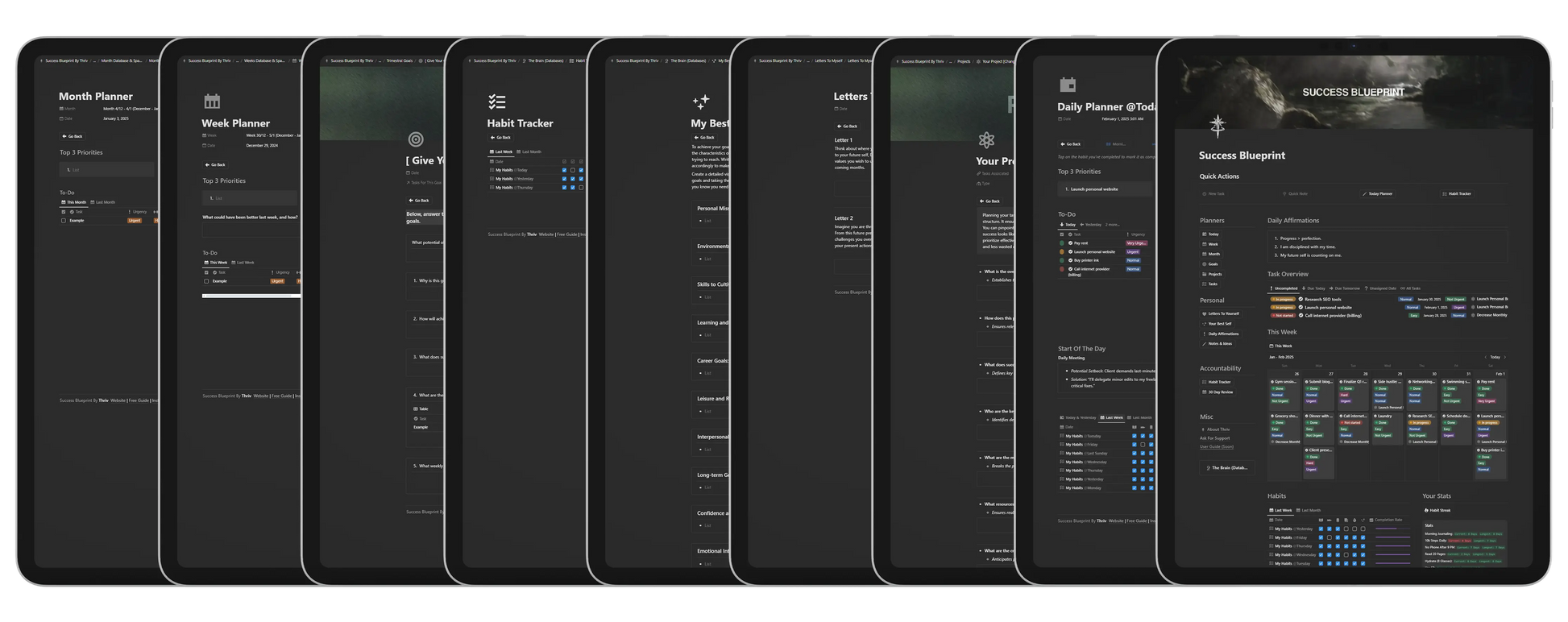 Success Blueprint Digital/Notion Edition All Pages, Dashboard, Daily Planner, 30-Day Review, Daily Affirmations, Habit Tracker, Weekly Planner, Month Planner, Letters to Yourself, My Best Self, Goals, and Projects. By usethriv.com